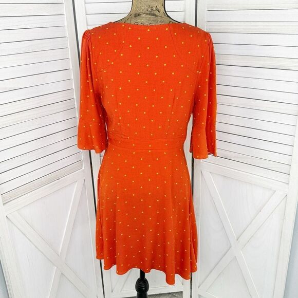 Free People All Yours Polkadot Flounce Sleeve Mini Dress Orange V Neck 4 - Picture 6 of 15